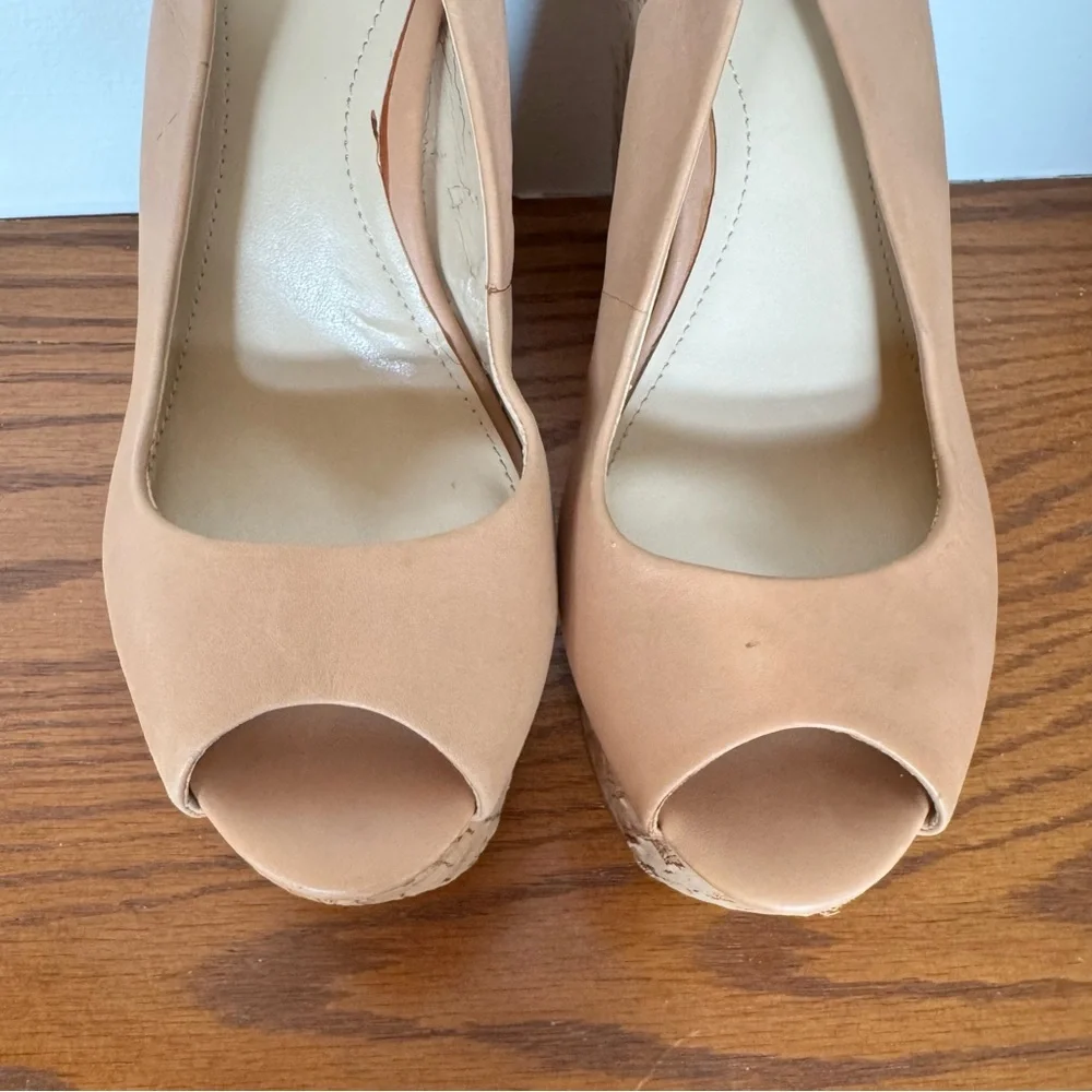 Calvin Klein Raimy Tan Slingback Peep Toe Cork Platform Block Heel 8